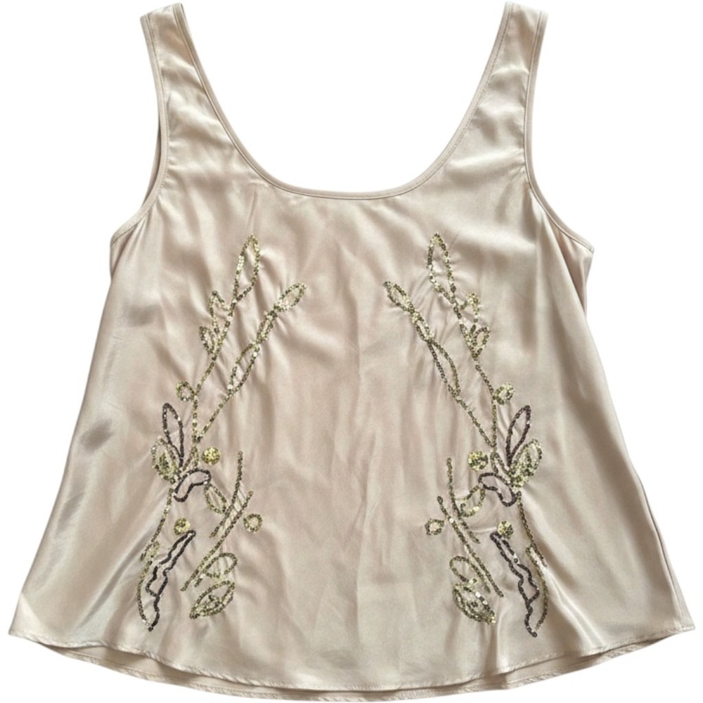 Aratta Silk Tank Top S Champagne‎ Sequin Floral ED14K47 Ethereal Boho Luxury
